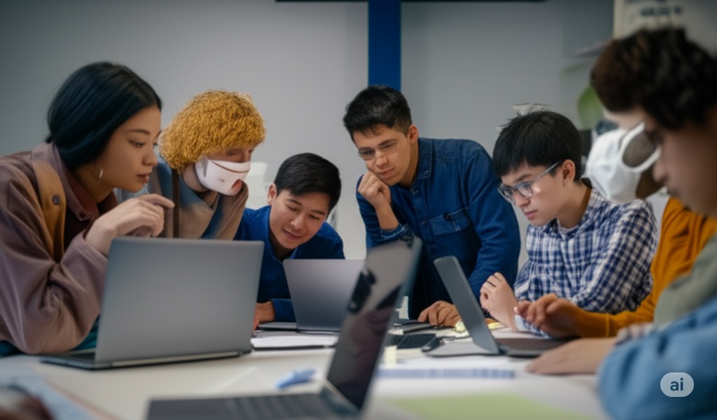 Group of enthusiastic students learning GenAI with laptops in a modern tech lab, diverse group collaborating on AI projects