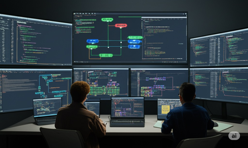 Students collaborating online on real-time GenAI project development with multiple screens showing code and AI models